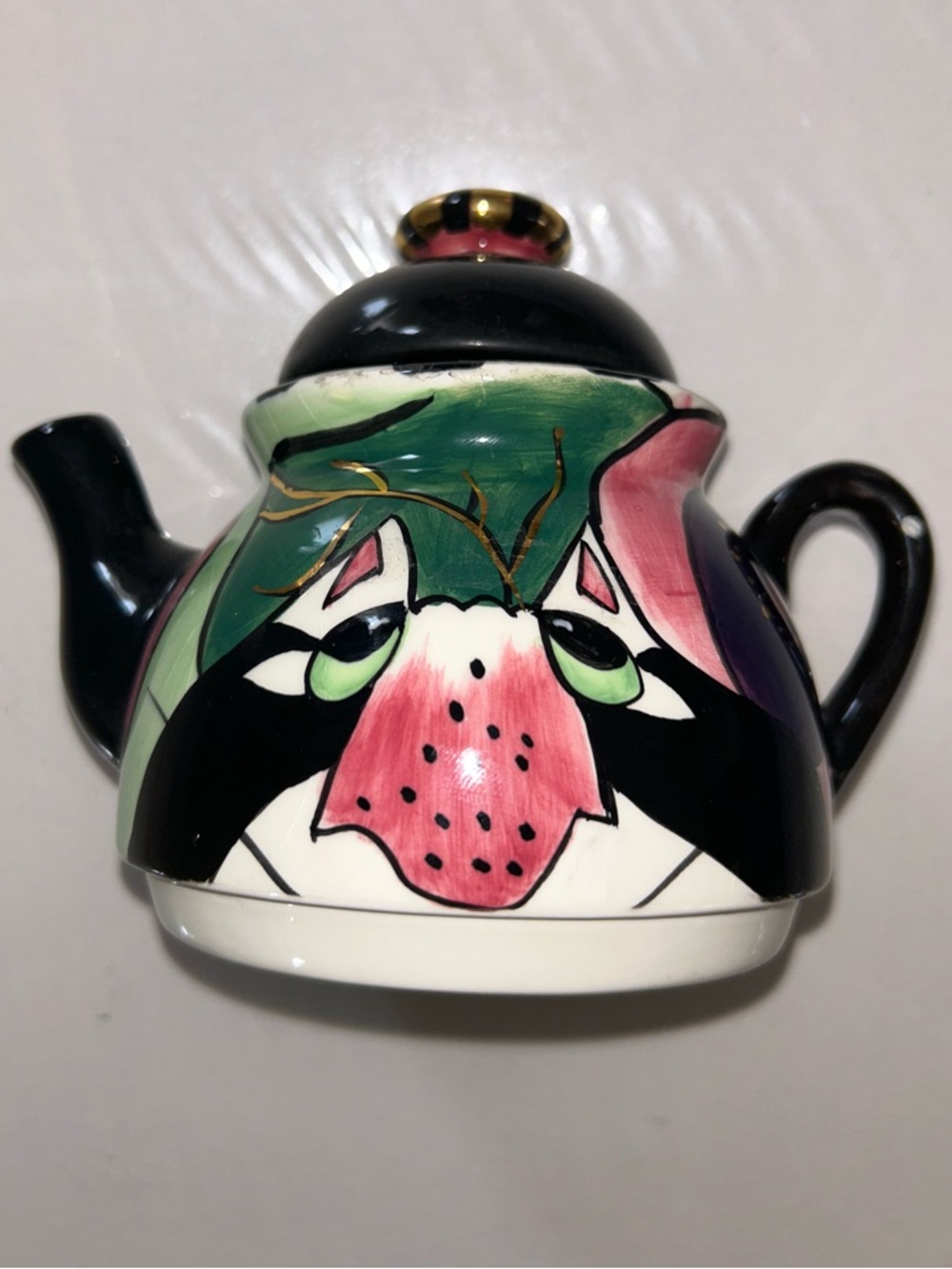 Lynda Corneille Whimsical Hand-Painted Clancy The Cat Ceramic SWAK Teapot